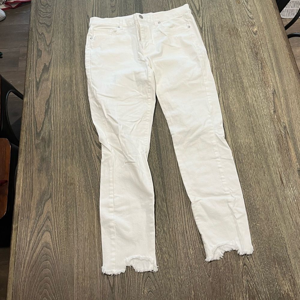LOFT Womens Straight Jeans Mid Rise Soft Denim Frayed Hem Stretch White Size 10
